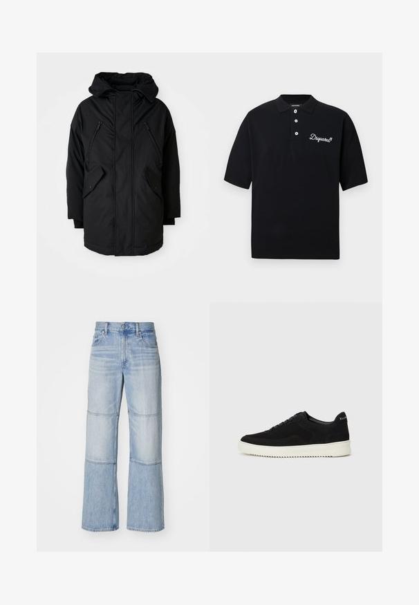 Black parka with a hood, featuring two zippered chest pockets, two flap side pockets, and a relaxed fit. Soft fabric with a smooth texture.; Black polo shirt made of cotton, featuring a traditional collar, three-button placket, and white embroidered logo on the chest.; Light blue denim trousers with a wide-leg design, featuring contrasting panels and visible stitching. High-waisted with a button closure.; Black suede sneaker with lace-up design and contrasting white rubber sole. Features textured side panels and subtle branding on the heel.
