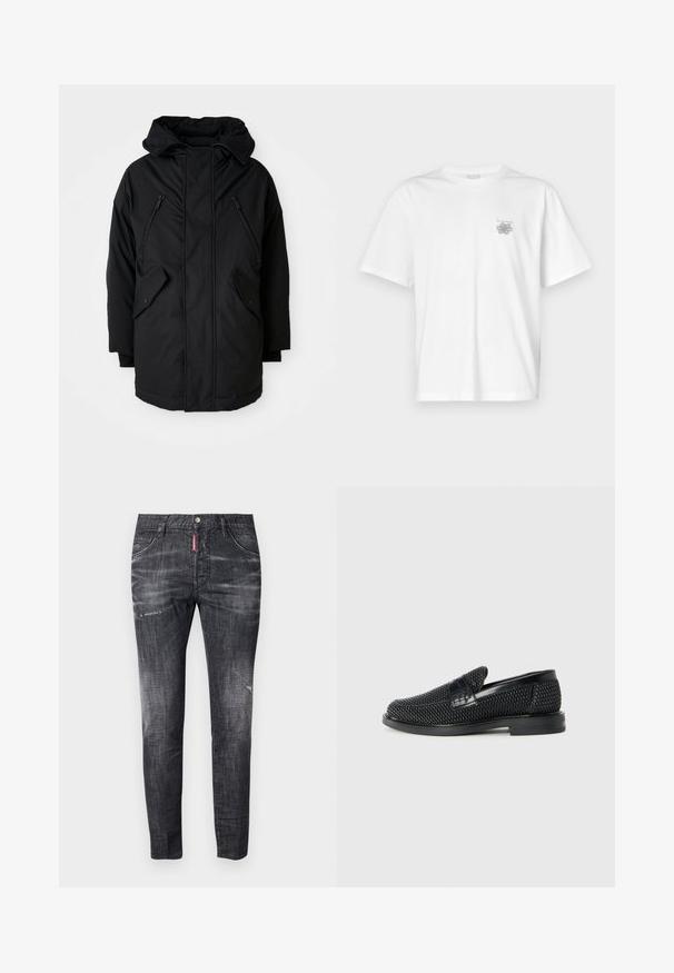 Black parka with a hood, featuring two zippered chest pockets, two flap side pockets, and a relaxed fit. Soft fabric with a smooth texture.; White t-shirt made of cotton featuring short sleeves, a crew neck, and a small gray logo on the left chest area. Smooth texture.; Dark gray denim jeans with a slim fit, subtle fading, distress marks on the thighs, five pockets, and a contrasting red label detail.; Black woven slip-on shoe with a smooth leather accent on the upper, a round toe design, and a low-profile rubber sole.