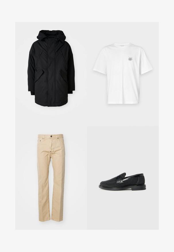 Zwarte parka met een capuchon, voorzien van twee ritsborstzakken, twee flap-zijzakken en een ontspannen pasvorm. Zacht materiaal met een gladde textuur.; Witte t-shirt van katoen met korte mouwen, een ronde hals, en een klein grijs logo op de linker borstzijde. Soepele textuur.; Beige katoenen broek met een recht ontwerp, voorzien van een knoopsluiting, riemlussen en verschuifbare zakken. Zachte textuur, minimale stiksels.; Zwartegeweven instap schoenen met een glad leren accent aan de bovenkant, een ronde neusontwerp en een laag profiel rubberen zool.