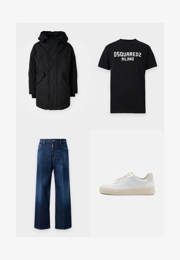 Juodas parkas su kapišonu, turintis dvi užtrauktukais uždaromas krūtines kišenes, dvi kišenes su apykakle ir laisvą siluetą. Minkšta medžiaga su glotnia tekstūra.; Juoda trumpomis rankovėmis marškinėliai su baltu užrašu „DSQUARED2 MILANO“ centre ant krūtinės, apvalia iškirpte ir tiesia apačia.; Tamsiai mėlynos džinsinės kelnes su laisvu siluetu, plačiomis kojomis ir subtiliu blukimu. Yra siuvinėti detalės ir prekės ženklo etiketė ant juosmens.; Baltas sportinis batelis su glotnia odine viršutine dalimi, bežinėmis raištelėmis ir struktūrizuota bežine zomšinėmis kulno juostele. Pade jaučiamas aukštis.