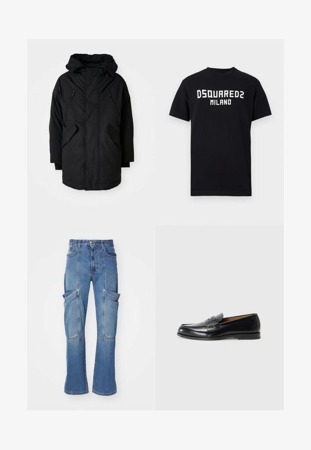 Black parka with a hood, featuring two zippered chest pockets, two flap side pockets, and a relaxed fit. Soft fabric with a smooth texture.; Black short-sleeve T-shirt with white "DSQUARED2 MILANO" text centered on the chest, crew neck, and straight hem.; Denim cargo pants in light blue with a high waist, multiple side pockets, and flared legs, featuring contrasting stitching and a zip closure.; Leather loafers in black with a smooth finish, rounded toe, decorative stitching, and a small metal accent on the front.