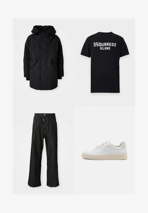 Schwarze Parka mit Kapuze, ausgestattet mit zwei Reißverschlusstaschen an der Brust, zwei Klapptaschen an den Seiten und einer lockeren Passform. Weicher Stoff mit glatter Textur.; Schwarzes T-Shirt mit kurzen Ärmeln und weißem "DSQUARED2 MILANO"-Schriftzug mittig auf der Brust, Rundhalsausschnitt und geradem Saum.; Schwarze gerade Jeans mit gelben Nähten, Fünf-Taschen-Design, Knopfverschluss und einem kleinen roten Etikett an der rechten Vorderseite der Tasche.; Weiße Sneaker mit einem glatten Lederobermaterial, beigen Schnürsenkeln und einer strukturierten, beigen Wildleder-Fersenschlaufe. Erhöhte Sohle für zusätzlichen Komfort.