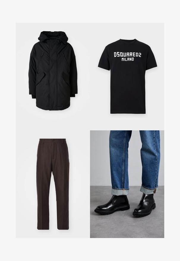 Black parka with a hood, featuring two zippered chest pockets, two flap side pockets, and a relaxed fit. Soft fabric with a smooth texture.; Black short-sleeve T-shirt with white "DSQUARED2 MILANO" text centered on the chest, crew neck, and straight hem.; NN.07 PAW - Trousers - brown; Black leather ankle boots with elastic side panels and textured rubber soles, paired with cuffed blue denim jeans.