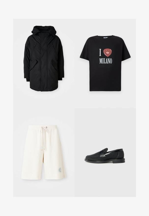 Sort parka med hætte, der har to lynlåslommer på brystet, to klaplommer på siderne og en afslappet pasform. Blødt stof med en glat tekstur.; Sort bomulds-T-shirt med grafik "I heart Milano" med et rødt hjerte, der forestiller en Polly Pocket, korte ærmer og afslappet pasform.; Lyscreme shorts lavet af tekstureret stof med elastisk talje, justerbar snoretræk og et trykt sol-design på venstre ben.; Sort vævet slip-on sko med en glat læderdetalje på overdelen, en rund tådesign og en lavprofil gummisål.