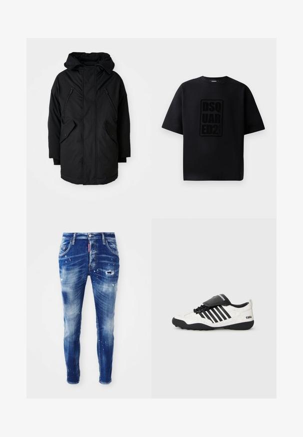 Crna parkica s kapuljačom, s dva zip zatvarača na prsima, dva bočna džepa s preklopom i opuštenim krojem. Mekana tkanina s glatkom teksturom.; Dsquared2 LOOSE FIT CREW NECK - Majica kratkih rukava s printom - black; Uske tanak kroj plavi traperice s izbljeđenim pranjem, detaljima od boje, iznošenim zakrpama i dizajnom s pet džepova. Crvena oznaka brenda na pojasu.; Tenisice s bijelom ispucanom teksturom, crnim naglascima, pet horizontalnih pruga i crnim podstavljenim jezikom označenim "1984." Crna gumena potplat.