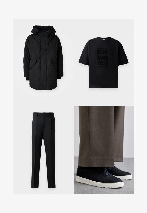 Črna parka s kapuco, ki ima dve žepni zadrži na prsih, dva stranska žepa z poklopcem in sproščen kroj. Mehka tkanina z gladko teksturo.; Dsquared2 LOOSE FIT CREW NECK - Potiskana majica - black; Črne formalne hlače, izdelane iz gladkega blaga, s straight leg dizajnom, sprednjimi pregibi in standardnim pasom brez okraskov.; Črne nubuk teniske z belimi gumijastimi podplati, ki imajo zaobljen nos in vezalke, oblečene z sivimi krojenimi hlačami.
