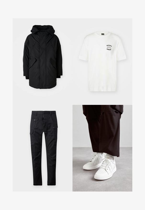 Must nagu parka kapuutsiga, millel on kaks lukuga rinna taskut, kaks klapiga küljetaskut ja lõdva lõikega. Pehme materjal, millel on sile tekstuur.; Valge puuvillane T-särk ümmarguse kaelusega ja lühikeste varrukatega. Omab musta tikandiga logo vasakul rinnal. Sile tekstuur.; Mustad mustad püksid, valmistatud vastupidavast kangast, millel on mitmed taskud, nööbivaat ja sirge jala disain. Sile tekstuur ja mati viimistlus.; Valged kõrged tennisetossud, mis on valmistatud siledast nahast, sisaldavad aukudega varbaosa, lamedaid valgeid nööre ja diskreetset kuldset aktsenti kandadel.