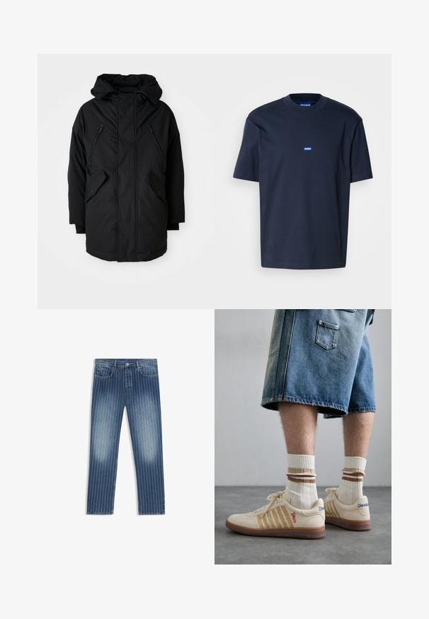 Parka nera con cappuccio, dotata di due tasche sul petto con zip, due tasche laterali con patta e una vestibilità comoda. Tessuto morbido con una superficie liscia.; T-shirt in cotone blu navy con collo a giro, maniche corte e un piccolo logo blu sul petto. Texture liscia, vestibilità rilassata.; Jeans in denim con un motivo a righe sottili, colore blu medio, sezioni sbiadite, taglio dritto, cinque tasche e chiusura con bottone metallico.; Sneaker retro beige con suola in gomma marrone, dotate di dettagli a righe e loghi ricamati. Indossate con calze bianche e dettagli marroni a righe.