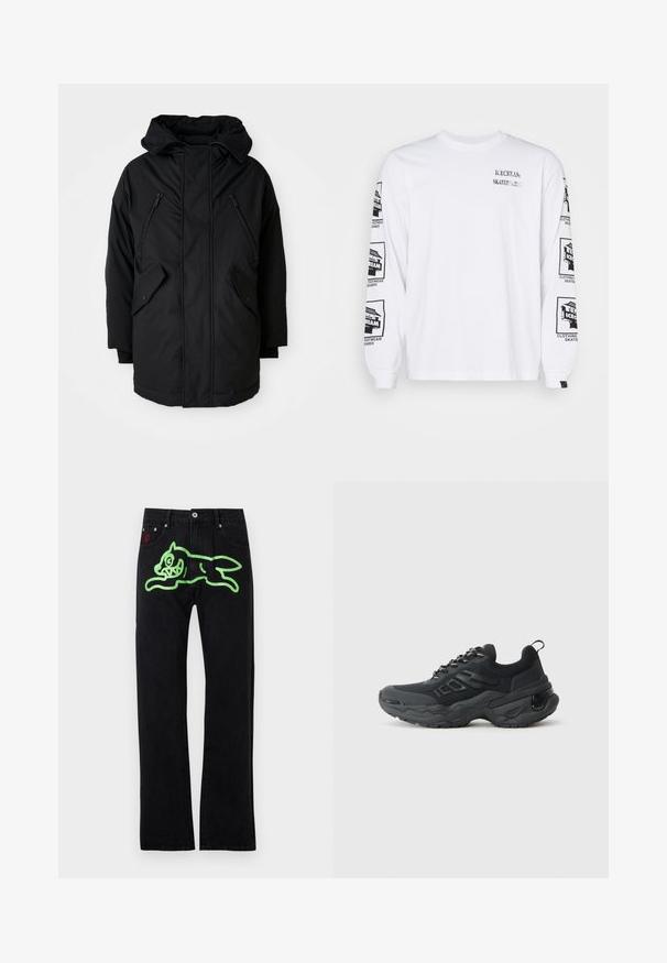 Parka nera con cappuccio, dotata di due tasche sul petto con zip, due tasche laterali con patta e una vestibilità comoda. Tessuto morbido con una superficie liscia.; T-shirt bianco a maniche lunghe in cotone, con grafiche stampate nere su entrambe le maniche e sul davanti, e dettagli a coste sui polsini.; Jeans neri a gamba dritta, con una grande grafica verde di un gatto cartone animato che corre sul retro. Accenti in metallo argentato.; Scarpe atletiche nere con tomaia in mesh testurizzato, suola in gomma spessa e dettagli riflettenti. Presentano lacci spessi e una linguetta posteriore.