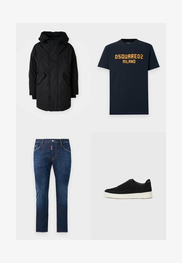 Parka preta com capuz, apresentando dois bolsos frontais com zíper, dois bolsos laterais com aba e um corte descontraído. Tecido macio com uma textura suave.; T-shirt de algodão azul marinho com texto laranja vivo "DSQUARED2 MILANO" em destaque no peito. Gola redonda clássica e mangas curtas.; Calças de ganga azul-escuro com um corte justo, apresentando um design clássico de cinco bolsos, costura amarela em contraste e fecho com botão metálico.; Sapatilhas de camurça pretas com design de atacadores e sola de borracha branca em contraste. Apresenta painéis laterais texturizados e uma marcação discreta no calcanhar.