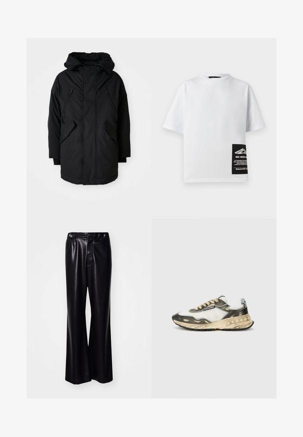 Parka neagră cu glugă, având două buzunare frontale cu fermoar, două buzunare laterale cu clapetă și o croială lejeră. Material moale cu o textură fină.; Tricou din bumbac alb, cu guler rotund, mâneci scurte și o etichetă neagră cu logo și text în colțul din dreapta jos.; Pantaloni largi din piele ecologică neagră, cu talie înaltă, sistem de închidere cu buton în față și finisaj subtil strălucitor. Textură netedă, design versatil.; Adidași atletici cu un plasa albă și un exterior din piele gri, șireturi bej, talpă din cauciuc negru și un design stratificat cu accente texturate.