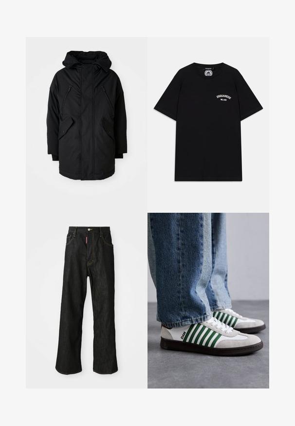 Black parka with a hood, featuring two zippered chest pockets, two flap side pockets, and a relaxed fit. Soft fabric with a smooth texture.; Black cotton T-shirt with short sleeves, featuring white "DSQUARED2 MILANO" logo on the chest. Crew neck design, smooth texture.; Black straight-leg jeans with yellow stitching, five-pocket design, button closure, and a small red tag on the front right pocket.; White and green sneaker with suede and leather materials, featuring green stripes, white laces, and a rubber sole. Styled with blue jeans.