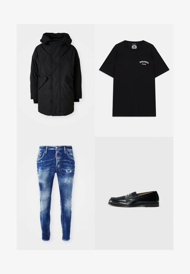 Melnā parka ar kapuci, kas aprīkota ar divām rāvējslēdzēju krūšu kabatām, divām atloka sānu kabatām un brīvu piegriezumu. Mīksts audums ar gludu tekstūru.; Melnas kokvilnas T-krekls ar īsām piedurknēm, ar baltu "DSQUARED2 MILANO" logo uz krūšu. Apaļas kakla izgriezums, gluda tekstūra.; Šauras zils džinsus ar izbalējušu mazgāšanu, krāsas traipu detaļām, nodilušiem pleķiem un piecu kabatu dizainu. Sarkanā zīmola etiķete jostas vietā.; Melnas ādas loafer kurpes ar teksturētu virsmu, pītas akcentiem un gludu apdari. Zems papēdis un minimālisma dizains.
