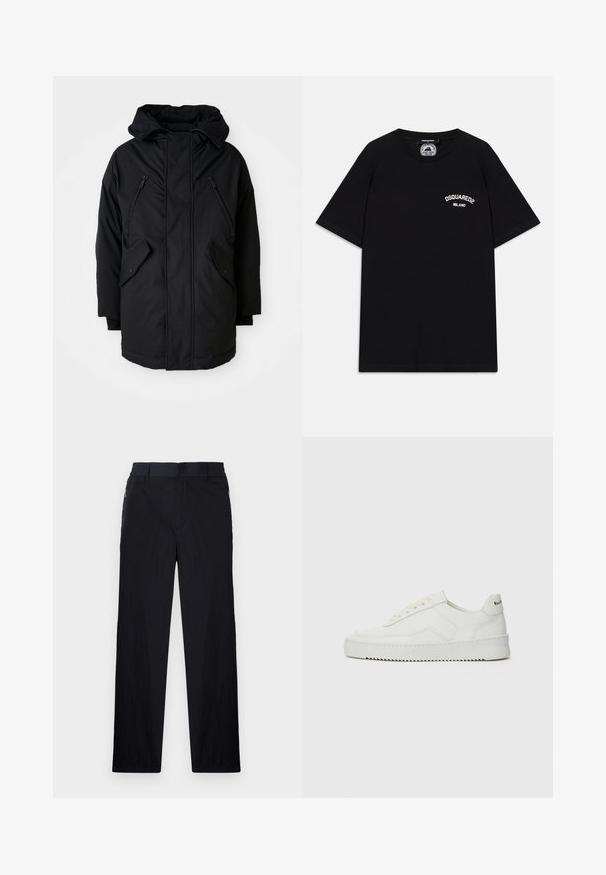 Parka negra con capucha, que cuenta con dos bolsillos en el pecho con cremalleras, dos bolsillos laterales con solapa y un corte relajado. Tejido suave con una textura lisa.; Camiseta de algodón negra con mangas cortas, que presenta el logo blanco "DSQUARED2 MILANO" en el pecho. Diseño de cuello redondo, textura suave.; Pantalones negros con una tela ligera y texturizada, diseño de pierna recta, cinturilla elástica y bolsillos laterales con cremallera.; Zapatilla de cuero blanca con un acabado suave, puntera redonda, cordones planos y suela texturizada. Cuenta con un sutil logo en el talón.