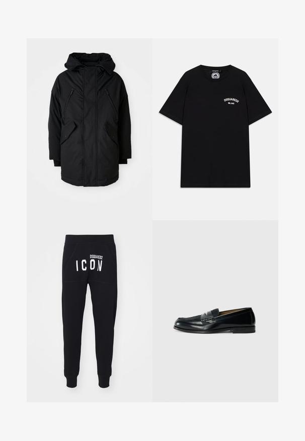 Crna parkica s kapuljačom, s dva zip zatvarača na prsima, dva bočna džepa s preklopom i opuštenim krojem. Mekana tkanina s glatkom teksturom.; Crna pamučna majica s kratkim rukavima, s bijelim logotipom "DSQUARED2 MILANO" na prsima. Okrugli izrez, glatka tekstura.; Crne trenirke s mekanom teksturom, sužavajućim nogavicama i džepovima. Na leđima se nalazi natpis "DSQUARED2 ICON" u boldiranim bijelim slovima.; Crni kožni loafers s teksturiranim gornjim dijelom, pletenim detaljem i glatkim završetkom. Niska potpetica i minimalistički dizajn.