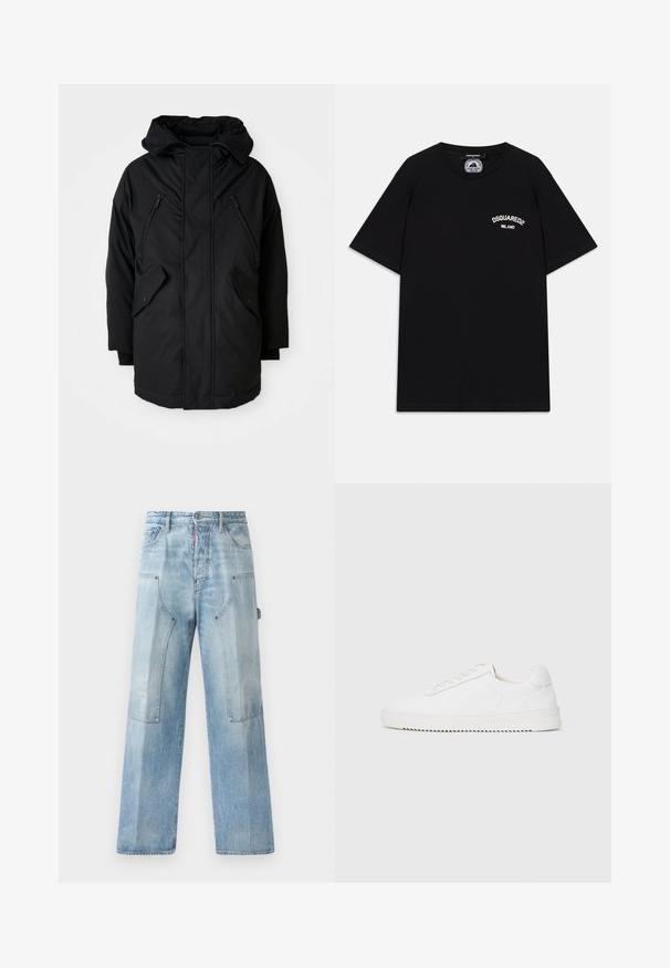 Crna parkica s kapuljačom, s dva zip zatvarača na prsima, dva bočna džepa s preklopom i opuštenim krojem. Mekana tkanina s glatkom teksturom.; Crna pamučna majica s kratkim rukavima, s bijelim logotipom "DSQUARED2 MILANO" na prsima. Okrugli izrez, glatka tekstura.; Svijetloplavi traper široki traperice s izbljeđenom teksturom, prednjim džepovima i karakterističnim šavovima, s opuštenim krojem i minimalnom opremom.; Bijela tenisica s glatkim kožnim gornjim dijelom, okruglim vrhom, vezicama, teksturiranim bočnim detaljima i debelim gumeni potplat. Minimalistički dizajn.