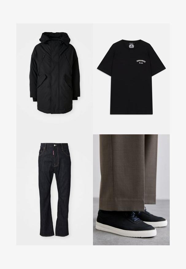Parka nera con cappuccio, dotata di due tasche sul petto con zip, due tasche laterali con patta e una vestibilità comoda. Tessuto morbido con una superficie liscia.; T-shirt nera in cotone a maniche corte, con logo bianco "DSQUARED2 MILANO" sul petto. Design a girocollo, texture liscia.; Jeans dritti blu scuri con cuciture gialle, bottoni frontali, zip e etichetta rossa sul bordo della tasca destra.; Sneakers in suede nera con suole in gomma bianca, dotati di punta tonda e lacci, indossati con pantaloni grigi su misura.
