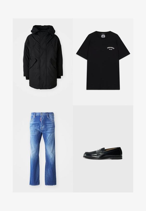 Parka neagră cu glugă, având două buzunare frontale cu fermoar, două buzunare laterale cu clapetă și o croială lejeră. Material moale cu o textură fină.; Tricou negru din bumbac cu mâneci scurte, având logo-ul alb "DSQUARED2 MILANO" pe piept. Design cu gât rotund, textură netedă.; Jeanși din denim de culoare albastru deschis, cu croială relaxată, având un aspect decolorat, picioare drepte, design cu cinci buzunare și o etichetă roșie la talie.; Mocasini negri din piele cu superior texturat, accent împletit și finisaj neted. Toc jos și design minimalistic.
