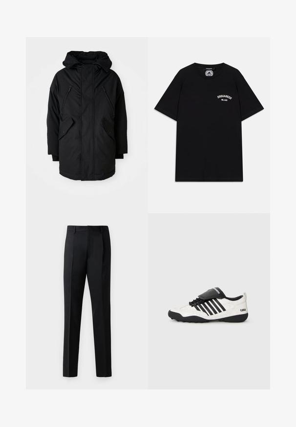 Čierna parka s kapucňou, so ženou dvomi zipsovými náprsními vreckami, dvomi bočnými vreckami s chlopňou a uvoľneným strihom. Mäkko tkanina s hladkou textúrou.; Čierne bavlnené tričko s krátkymi rukávmi, s bielym logom "DSQUARED2 MILANO" na hrudi. Design s okrúhlym výstrihom, hladká textúra.; Čierne formálne nohavice vyrobené z hladkej tkaniny, s rovnými nohavicami, prednými skladmi a štandardným pásom bez ozdôb.; Tenisky s bielou popraskanou textúrou, čiernymi akcentmi, piatimi horizontálnymi pruhmi a čiernym polstrovaným jazykom označeným "1984". Čierna gumová podrážka.
