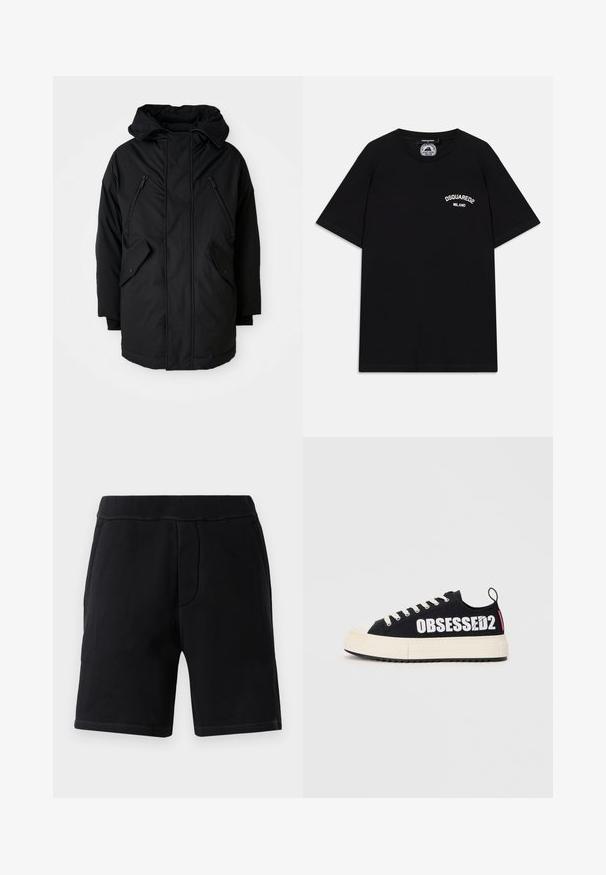 Čierna parka s kapucňou, so ženou dvomi zipsovými náprsními vreckami, dvomi bočnými vreckami s chlopňou a uvoľneným strihom. Mäkko tkanina s hladkou textúrou.; Čierne bavlnené tričko s krátkymi rukávmi, s bielym logom "DSQUARED2 MILANO" na hrudi. Design s okrúhlym výstrihom, hladká textúra.; Čierne športové šortky vyrobené z mäkkého materiálu; majú elastický pás, dve bočné vrecká a kontrastné šitie.; Čierne plátené tenisky s bielym textom „OBSESSED2“, krémovou gumovou podrážkou, plochými šnúrkami a zadným pútkom. Zobrazený bočný pohľad.