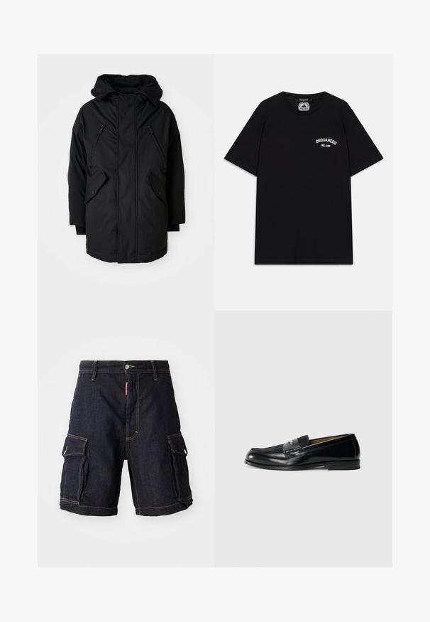 Musta takki hupulla, jossa on kaksi vetoketjullista rintataskua, kaksi läpällistä sivutaskua ja rento leikkaus. Pehmeä kangas, jossa on sileä pinta.; Mustapaita, jossa on lyhyet hihat, ja jossa on valkoinen "DSQUARED2 MILANO" -logo rinnassa. Kaula-aukko on pyöreä, ja kangas on sileä.; Tummansinisiä farkkutarvikehousuja, joissa on useita sivutaskuja, keltaiset langat ja napilla säädettävä vyötärö. Materiaali on tukeva ja kestävä.; Musta nahkainen loafer, jossa on teksturoitu pinta, punottu yksityiskohta ja sileä viimeistely. Matala profiili ja minimalistinen muotoilu.