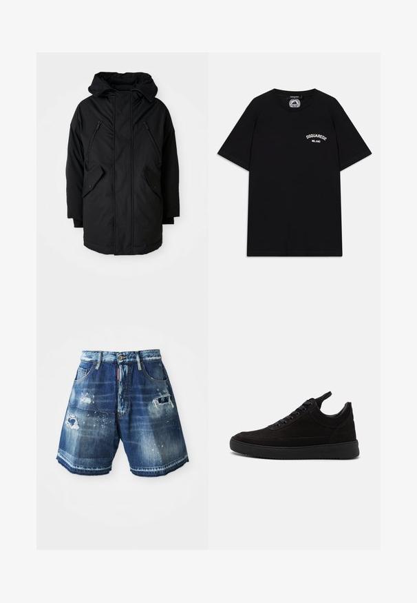 Zwarte parka met een capuchon, voorzien van twee ritsborstzakken, twee flap-zijzakken en een ontspannen pasvorm. Zacht materiaal met een gladde textuur.; Zwarte katoenen T-shirt met korte mouwen, met een wit "DSQUARED2 MILANO" logo op de borst. Crew neck ontwerp, gladde textuur.; Donkerblauwe denim shorts met vervaagde details. Voorzien van rafelige zomen, zakken en een knoopsluiting. Wasvariaties door de stof.; Zwarte suède sneakers met een ronde neus, vetersluiting, gevoerd kraagje en een getextureerde rubberen zool voor grip. Minimalistisch ontwerp en een gladde afwerking.