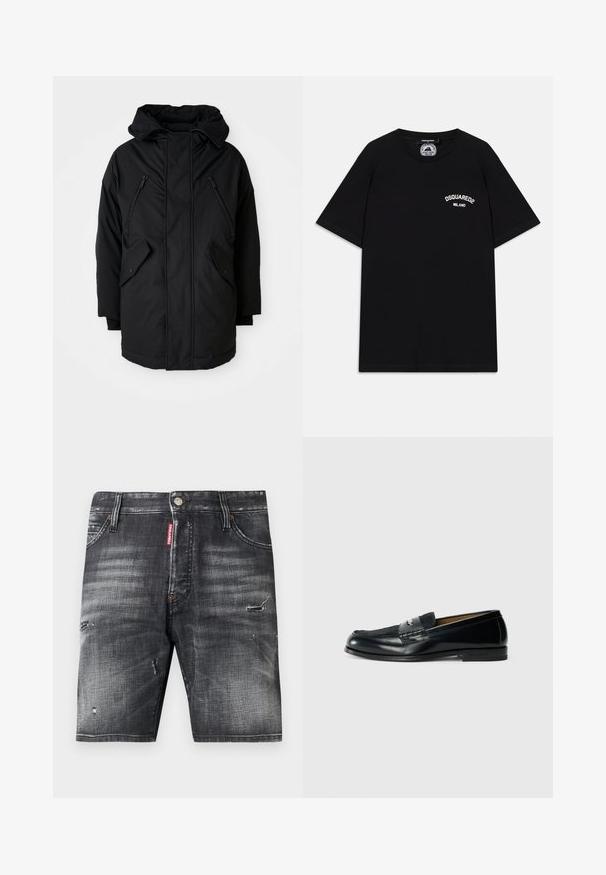 Schwarze Parka mit Kapuze, ausgestattet mit zwei Reißverschlusstaschen an der Brust, zwei Klapptaschen an den Seiten und einer lockeren Passform. Weicher Stoff mit glatter Textur.; Schwarz Baumwoll-T-Shirt mit kurzen Ärmeln, mit weißem "DSQUARED2 MILANO" Logo auf der Brust. Rundhalsausschnitt, glatte Textur.; Schwarze Denim-Shorts mit Used-Details, ausgestattet mit einem Knopfverschluss, fünf Taschen und einem sichtbaren Markenlabel auf der Vorderseite.; Schwarze Lederlatschen mit strukturiertem Obermaterial, geflochtenem Akzent und glatter Oberfläche. Flacher Absatz und minimalistisches Design.