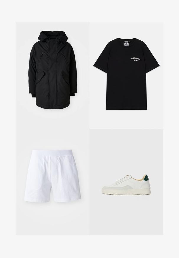 Must nagu parka kapuutsiga, millel on kaks lukuga rinna taskut, kaks klapiga küljetaskut ja lõdva lõikega. Pehme materjal, millel on sile tekstuur.; Mustad puuvillane T-särk lühikeste varrukatega, millel on rinnal valge "DSQUARED2 MILANO" logo. Ümara kaela kujundus, sile tekstuur.; Valged puuvillased lühikesed püksid, millel on elastne vöökoht, kaks külg-taskut ja mugav lõige. Sile tekstuur, ilma nähtavate mustrite või aktsentideta.; Valged tennisjalanõud, millel on sametised aktsendid, ümar varvas, lame nöörid ja kreemjas kummine põhja. Hästi nähtav roheline bränding kannal.