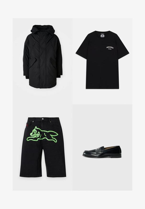 Fekete parkatartó kapucnival, két zipzáras mellettes zsebbel, két fedeles oldalzsebbel és laza szabással. Puha anyag sima felülettel.; Fekete pamut póló rövid ujjakkal, fehér "DSQUARED2 MILANO" logóval a mellrészen. Kerek nyakú dizájn, sima textúra.; Icecream RUNNING DOG - Farmer rövidnadrágok - black denim; Fekete bőr loaferek texturált felsőrésszel, fonott díszítéssel és sima felülettel. Alacsony sarok és minimalista design.