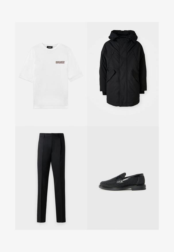 Juodas parkas su kapišonu, turintis dvi užtrauktukais uždaromas krūtines kišenes, dvi kišenes su apykakle ir laisvą siluetą. Minkšta medžiaga su glotnia tekstūra.; Balta medvilnės marškinėliai trumpomis rankovėmis ir apvaliu kaklu, su rudos spalvos spaudiniu kairiajame krūtinės šone, žyminčiu 30-ąsias metines.; Juoda formalus kelnės, pagamintos iš lygaus audinio, su tiesiomis kojomis, priekinėmis raukšlėmis ir standartine liemene be papuošimų.; Juodas pintas slip-on tipo batelis su lygiu odiniu akcentu viršuje, apvalios nosies dizainas ir žemas guminis padas.