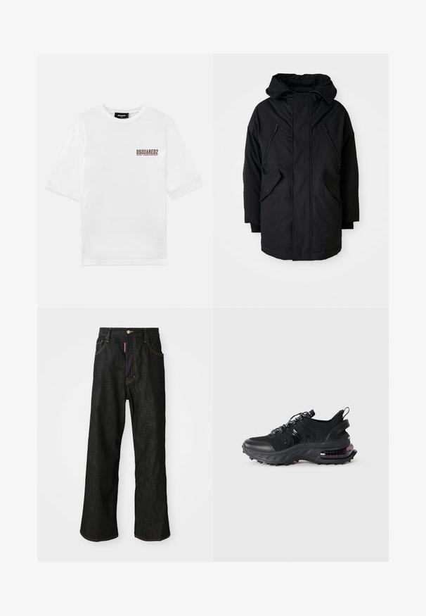 Black parka with a hood, featuring two zippered chest pockets, two flap side pockets, and a relaxed fit. Soft fabric with a smooth texture.; White cotton t-shirt with short sleeves and a crew neckline, featuring a brown printed logo on the left chest indicating the 30th anniversary.; Black straight-leg jeans with yellow stitching, five-pocket design, button closure, and a small red tag on the front right pocket.; Black athletic shoe with a textured mesh upper and rubber sole. Features a purple air cushioning unit, lace-up design, and pull tab.