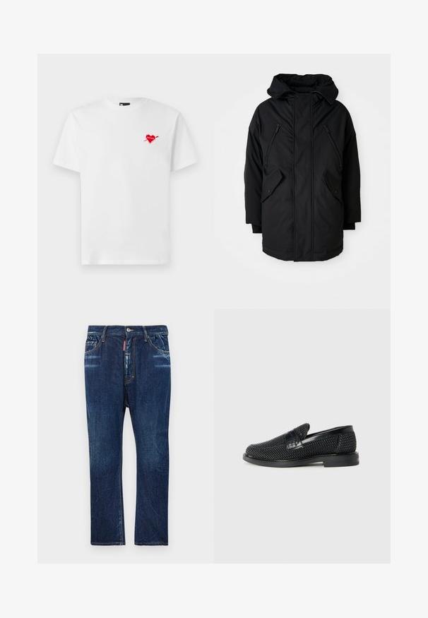 Parka preta com capuz, apresentando dois bolsos frontais com zíper, dois bolsos laterais com aba e um corte descontraído. Tecido macio com uma textura suave.; T-shirt branca de algodão com um decote redondo e mangas curtas, apresentando um pequeno gráfico de um coração vermelho com uma seta no lado esquerdo do peito.; Jeans de denim azul escuro com um corte reto, apresentando um desbotamento leve, costura amarela, bolsos frontais e fecho com botão.; Sandalha preta entrelaçada com um accento de couro liso na parte superior, design de biqueira redonda e sola de borracha de perfil baixo.