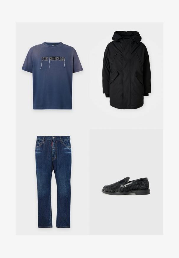 Musta takki hupulla, jossa on kaksi vetoketjullista rintataskua, kaksi läpällistä sivutaskua ja rento leikkaus. Pehmeä kangas, jossa on sileä pinta.; Tummansininen puuvillainen t-paita lyhyellä hihalla, jossa on edessä kontrastivärillä kirjailtu teksti "THE KOOPLES". Yksinkertainen muotoilu, rento malli.; Tummansiniset farkut suoran lahkeen mittasuhteella, joissa on vaalea kulutus, keltainen ompelu, etutaskut ja nappikiinnitys.; Musta kudottu liukupohjallinen kenka, jossa on sileä nahkakorostus päällisessä, pyöreä kärki ja matala kumipohja.