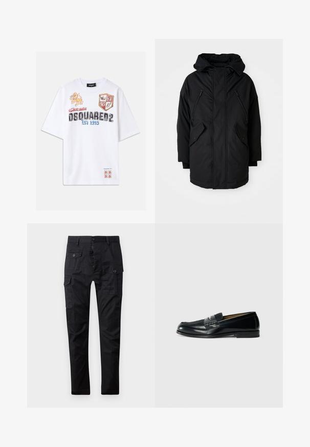 Sort parka med hætte, der har to lynlåslommer på brystet, to klaplommer på siderne og en afslappet pasform. Blødt stof med en glat tekstur.; Hvid bomulds-t-shirt med farverige grafikker, herunder en løve, skjolde og tekst. Løs pasform med korte ærmer. Accenter i rød og blå.; Sorte cargo bukser lavet af slidstærkt stof, med flere lommer, knaplukning og lige ben-design. Glat tekstur og mat finish.; Sorte læder loafers med tekstureret overdel, flettet accent og glat finish. Lav profil hæl og minimalistisk design.