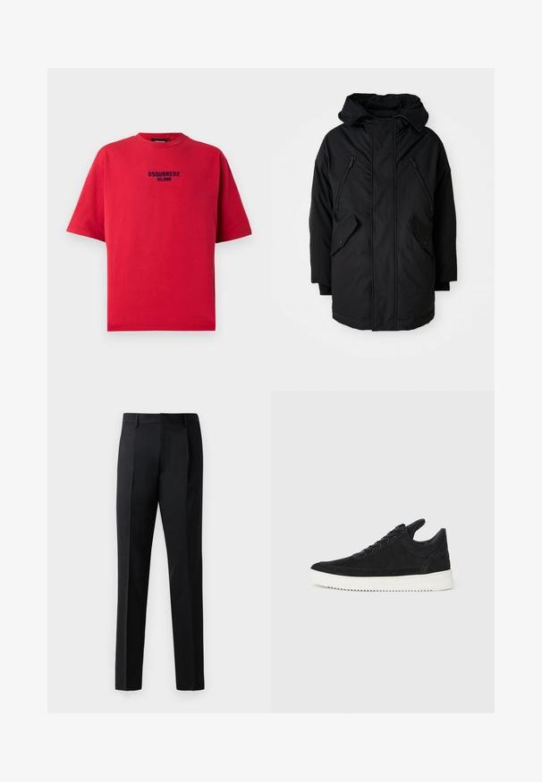 Must nagu parka kapuutsiga, millel on kaks lukuga rinna taskut, kaks klapiga küljetaskut ja lõdva lõikega. Pehme materjal, millel on sile tekstuur.; Punane puuvillane T-särk, ümmarguse kaeluse, lühikeste varrukate ja musta trükitud logoga "DSQUARED2 MILANO" ees.; Mustad mustad formal püksid sileda kanga, sirge jala disainiga, ees volditud ning tavalise vöökoha ilma kaunistusteta.; Must mustel kingad valge kummist tallaga, millel on toon-toonis õmblused ja paeltega disain. Sile tekstuur ja moodne, voolujooneline kuju.