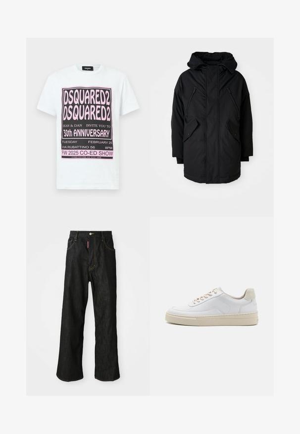 Zwarte parka met een capuchon, voorzien van twee ritsborstzakken, twee flap-zijzakken en een ontspannen pasvorm. Zacht materiaal met een gladde textuur.; Witte katoenen t-shirt met zwarte en roze grafische tekst voor de details van het 30-jarig jubileum evenement van DSQUARED2, korte mouwen en een ronde hals.; Zwarte rechte jeans met gele stiksels, vijf zakken, knoopsluiting en een klein rood etiket op de rechter voorzak.; Witte sneaker met een gevoerd leren bovenwerk, beige veters en een gestructureerde beige suede hieltab. Verhoogde zool voor extra hoogte.