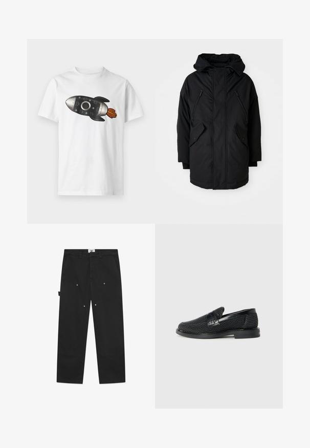 Schwarze Parka mit Kapuze, ausgestattet mit zwei Reißverschlusstaschen an der Brust, zwei Klapptaschen an den Seiten und einer lockeren Passform. Weicher Stoff mit glatter Textur.; Weißes T-Shirt mit kurzen Ärmeln, bedruckt mit einem schwarzen und silbernen Raketenmotiv, das orangefarbene Flammen ausstößt, zentriert auf der Vorderseite.; Schwarze Baumwollhosen mit geradem Schnitt, auffälliger Naht, Seitentaschen und metallenen Druckknopfdetails an den Vorderpanelen.; Schwarzer geflochtener Slipper mit einem glatten Lederakzent im Obermaterial, einem runden Zehendesign und einer flachen Gummisohle.