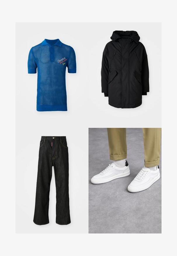 Zwarte parka met een capuchon, voorzien van twee ritsborstzakken, twee flap-zijzakken en een ontspannen pasvorm. Zacht materiaal met een gladde textuur.; Blauwe gebreide polo met een meshontwerp, uitgerust met korte mouwen, een gestructureerde kraag en een kleurrijk geborduurd logo op de voorkant.; Zwarte rechte jeans met gele stiksels, vijf zakken, knoopsluiting en een klein rood etiket op de rechter voorzak.; Witte sneakers met een textuur van leerafwerkingen, een ronde neus en een zwarte hielaccent. Rubberen zool met een klein profiel en gestikte details.