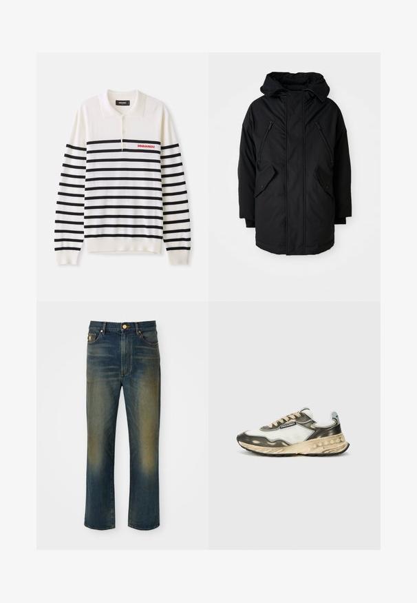 Zwarte parka met een capuchon, voorzien van twee ritsborstzakken, twee flap-zijzakken en een ontspannen pasvorm. Zacht materiaal met een gladde textuur.; Witte lange mouwen polo met zwarte horizontale strepen, voorzien van drie knopen en een rood "DSQUARED2" logo op de linkerborst. Zachte gebreide textuur.; Blauwe denim jeans met een rechte, brede pijpdesign. Bevat vervaagde gebieden en een knoopsluiting. Inclusief zijzakken en logo-detail.; Sportieve sneaker met een wit gaas en grijs lederen bovenwerk, beige veters, zwarte rubberen zool en gelaagd ontwerp met textuuraccenten.