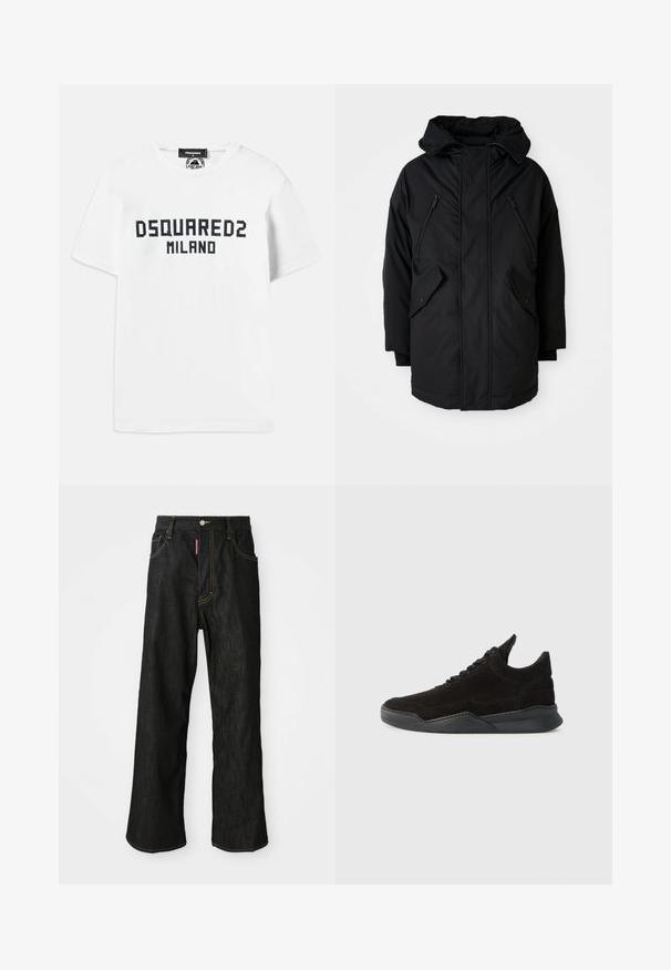 Černá parka s kapucí, která má dvě zipové kapsy na hrudi, dvě klopy na bočních kapsách a uvolněný střih. Měkká tkanina s hladkým povrchem.; Dsquared2 COOL FIT TEE - Triko s potiskem - white/dark navy; Černé džíny rovného střihu se žlutým prošíváním, design se pěti kapsami, zapínání na knoflík a malá červená cedulka na přední pravé kapse.; Černé semišové tenisky s nízkým profilem, texturovaným svrškem, plochými tkaničkami a pevným gumovým podešví s mírným podpatkem a zakřiveným designem.