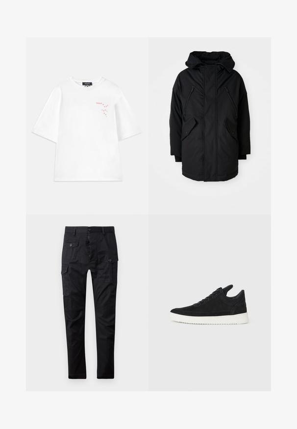Melnā parka ar kapuci, kas aprīkota ar divām rāvējslēdzēju krūšu kabatām, divām atloka sānu kabatām un brīvu piegriezumu. Mīksts audums ar gludu tekstūru.; Dsquared2 LOOSE FIT TEE - Apdrukāts T-krekls - white; Melnas kravas bikses, izgatavotas no izturīga auduma, ar daudzām kabatām, pogu jostu un taisnu kāju dizainu. Gluda tekstūra un matēta apdare.; Melna zamša apavi ar baltu gumijas zoli, ar tonālu izšuvumu un auklu dizainu. Gluda tekstūra ar mūsdienīgu, plūstošu formu.