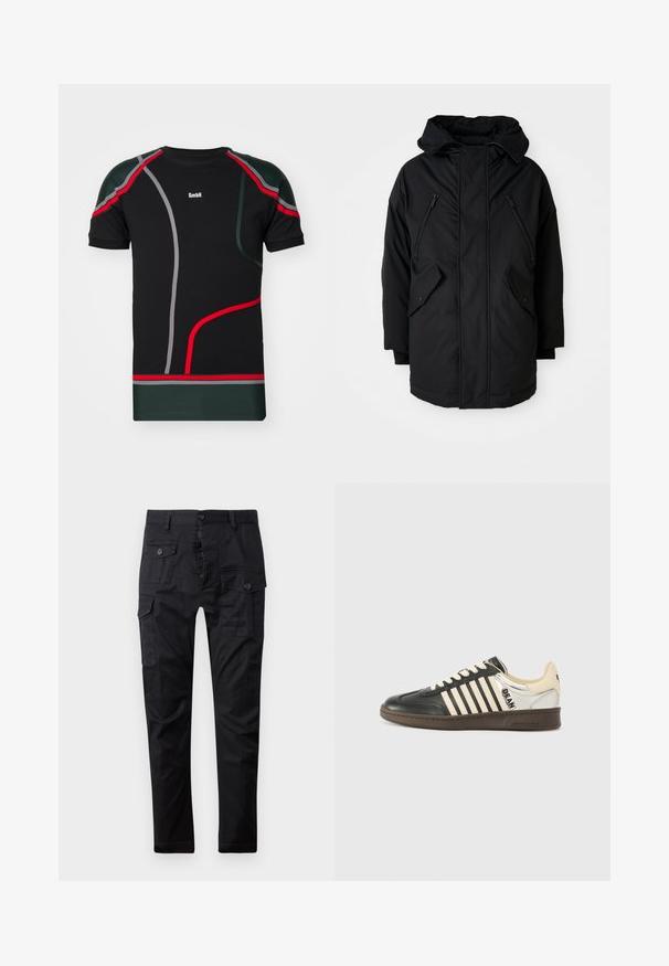 Black parka with a hood, featuring two zippered chest pockets, two flap side pockets, and a relaxed fit. Soft fabric with a smooth texture.; GmbH WILHELM - Print T-shirt - black/green/red/white; Black cargo pants made of durable fabric, featuring multiple pockets, a button fly, and a straight leg design. Smooth texture and matte finish.; Black and cream sneakers with white stripes, leather and synthetic materials, rounded toe, and padded collar. Distinct logo on side.