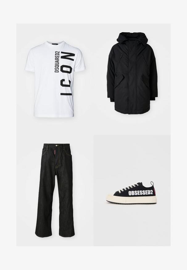 Black parka with a hood, featuring two zippered chest pockets, two flap side pockets, and a relaxed fit. Soft fabric with a smooth texture.; White cotton t-shirt with a crew neck featuring bold black vertical text "DSQUARED2 ICON." Short sleeves and a relaxed fit.; Black straight-leg jeans with yellow stitching, five-pocket design, button closure, and a small red tag on the front right pocket.; Black canvas sneakers with white “OBSESSED2” text, cream rubber sole, flat laces, and a rear pull tab. Side view displayed.