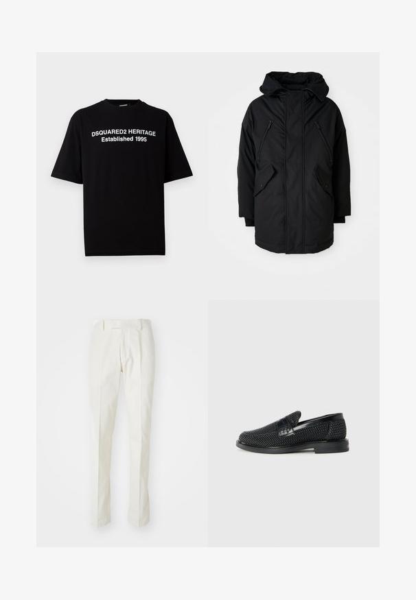 Svart parkas med huva, som har två fickor med dragkedja på bröstet, två sidofickor med lock och en avslappnad passform. Mjukt tyg med en smidig textur.; Svart kortärmad t-shirt i bomull med rund hals, prydd med vit text: "DSQUARED2 HERITAGE Etablerad 1995" på framsidan.; Vita byxor i bomull, med rak passform, slät front och utan synliga mönster eller beslag. Slät yta.; Svart vävd slip-on sko med en slät läderdetalj på ovansidan, med rund tådesign och en låg gummisula.
