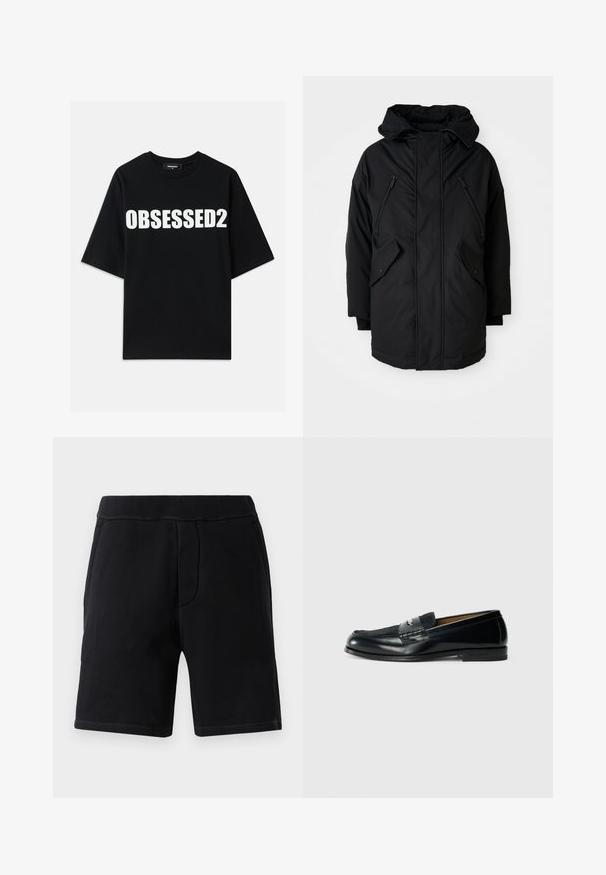 Μαύρη parka με κουκούλα, διαθέτει δύο τσέπες στο στήθος με φερμουάρ, δύο τσέπες πλευρικές με καπάκι και σταθερή εφαρμογή. Μαλακό ύφασμα με λεία υφή.; Μαύρο βαμβακερό t-shirt με μεγάλη λευκή επιγραφή "OBSESSED2" μπροστά, στρογγυλή λαιμόκοψη και κοντά μανίκια. Κανονική γραμμή με απαλή υφή.; Μαύρα αθλητικά σορτς κατασκευασμένα από μαλακό ύφασμα, με ελαστική μέση, δύο πλαϊνές τσέπες και ραφές σε αντίθεση.; Μαύρη δερμάτινη λοφάρα με υφή στην επάνω πλευρά, πλεγμένη λεπτομέρεια και λεία φινίρισμα. Χαμηλός τακούνι και μινιμαλιστικός σχεδιασμός.