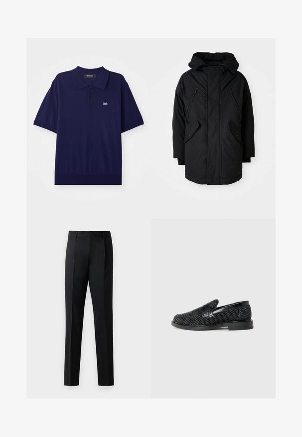 Must nagu parka kapuutsiga, millel on kaks lukuga rinna taskut, kaks klapiga küljetaskut ja lõdva lõikega. Pehme materjal, millel on sile tekstuur.; Tumesinine lühikeste käistega polo särk, valmistatud pehmest kangast, millel on krae, kolm nuppu ja väike broderitud "D2" logo rinnal.; Mustad mustad formal püksid sileda kanga, sirge jala disainiga, ees volditud ning tavalise vöökoha ilma kaunistusteta.; Must musta kootud slip-on king, millel on pehme nahast accent ülaserval, ümmargune varvas ja madal profiiliga kummitald.