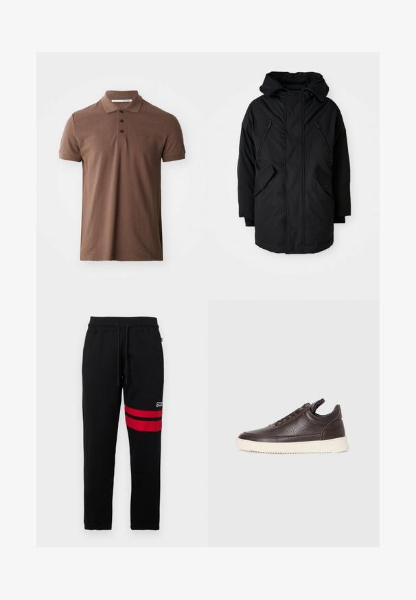 Juodas parkas su kapišonu, turintis dvi užtrauktukais uždaromas krūtines kišenes, dvi kišenes su apykakle ir laisvą siluetą. Minkšta medžiaga su glotnia tekstūra.; Ruda polo marškinėliai, pagaminti iš medvilnės, su klasikine apykakle, trimis mygtukais ir trumpomis rankovėmis; krūtinėje išsiuvinėtas logotipas.; Juodi sportiniai džinsai su kontrastingomis raudonomis juostelėmis ir logotipu šone. Yra elastinga juosmens juosta su raišteliu ir siaurėjančiais kulkšnų kraštais.; Tamsiai rudas tekstūruotas odinis sportbačius su raišteliais ir baltu grioveliu ant gumos pado, pateiktas ant šviesaus fono.