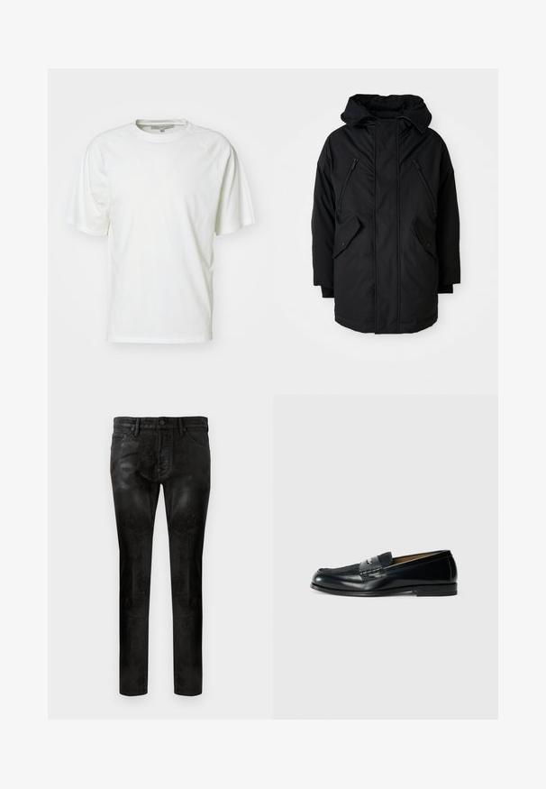 Zwarte parka met een capuchon, voorzien van twee ritsborstzakken, twee flap-zijzakken en een ontspannen pasvorm. Zacht materiaal met een gladde textuur.; Witte t-shirt van zachte katoen; heeft een ronde hals, korte raglanmouwen en een losse pasvorm; minimalistisch design zonder patronen of accenten.; Zwarte slim-fit broek met een gladde, glanzende textuur, met voorzakken, een enkele knoopsluiting en subtiele stikdetails.; Zwarte leren instapper met een gestructureerde bovenkant, gevlochten accent en een gladde afwerking. Lage hak en minimalistisch ontwerp.