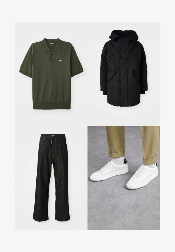 Parka nera con cappuccio, dotata di due tasche sul petto con zip, due tasche laterali con patta e una vestibilità comoda. Tessuto morbido con una superficie liscia.; Polo shirt verde scuro realizzato in tessuto a maglia. Presenta un colletto classico, tre bottoni, maniche corte e un piccolo logo "D2" sul petto.; Jeans neri a gamba dritta con cuciture gialle, design a cinque tasche, chiusura con bottone e un piccolo etichetta rossa sulla tasca anteriore destra.; Sneaker bianchi con finitura in pelle testurizzata, punta arrotondata e accentuazione nera sul tallone. Suola in gomma con piccolo motivo di battistrada e dettagli cuciti.