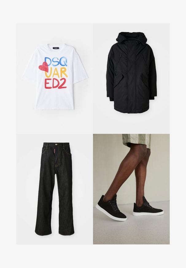 Black parka with a hood, featuring two zippered chest pockets, two flap side pockets, and a relaxed fit. Soft fabric with a smooth texture.; White T-shirt featuring a colorful graphic with the text "DSQ UAR ED2," a red heart accent, short sleeves, and a crew neck design.; Black straight-leg jeans with yellow stitching, five-pocket design, button closure, and a small red tag on the front right pocket.; Black suede sneakers with white rubber soles, featuring round laces, low-top design, and a smooth texture.